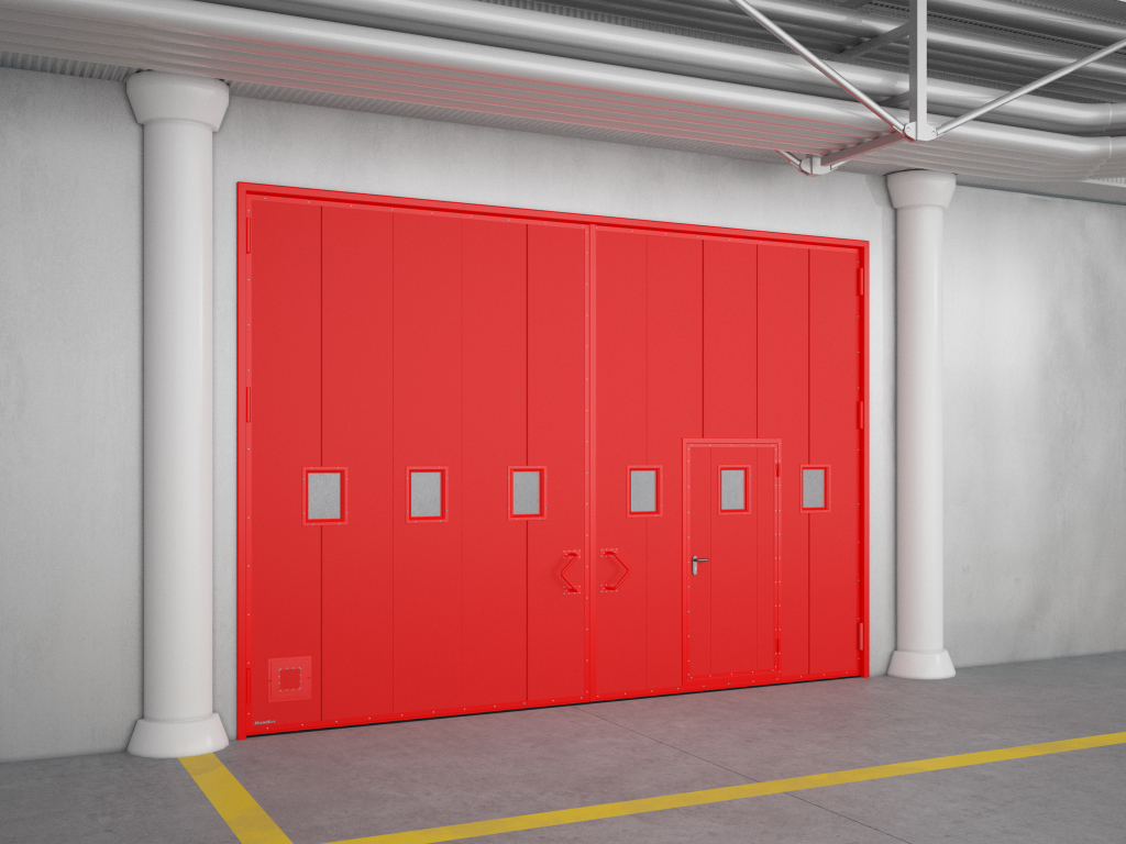 Встроенная калитка обеспечивает доступ в помещение без необходимости открывания ворот и может служить эвакуационным выходом. <br> Огнестойкое окно (размером 400 × 300 мм) в полотне ворот повышает удобство их эксплуатации, обеспечивая обзор пространства за воротами. Окно надежно препятствует выходу огня из помещения, где возник пожар, так как благодаря прочной металлической раме выдерживает высокую механическую нагрузку и не деформируется при значительных перепадах температур и интенсивном нагреве. <br> Противопожарный люк (размер в свету 200 × 200 мм) применяется для тушения пожара без необходимости открывания ворот.